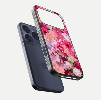 Bloom Crush Fantasy Glass Case for iPhone 17 Pro floating mockup showing floral pattern clarity and HD glass