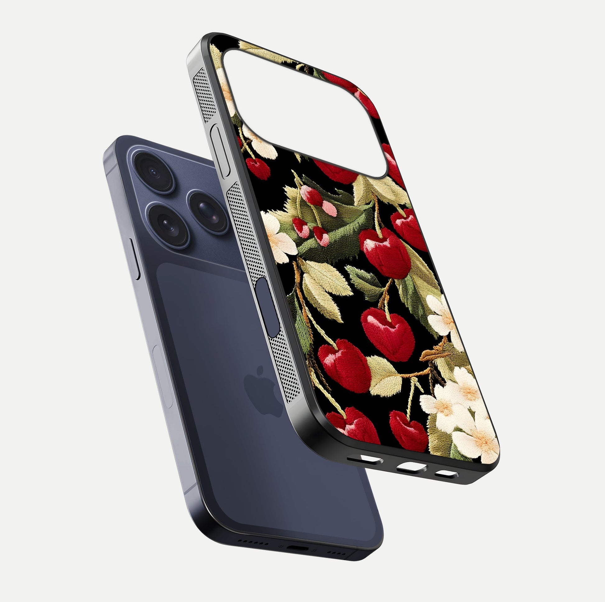 Bloom Thread Art Glass Case for iPhone 17 Pro floating mockup showing premium reflection and stitched art vibe