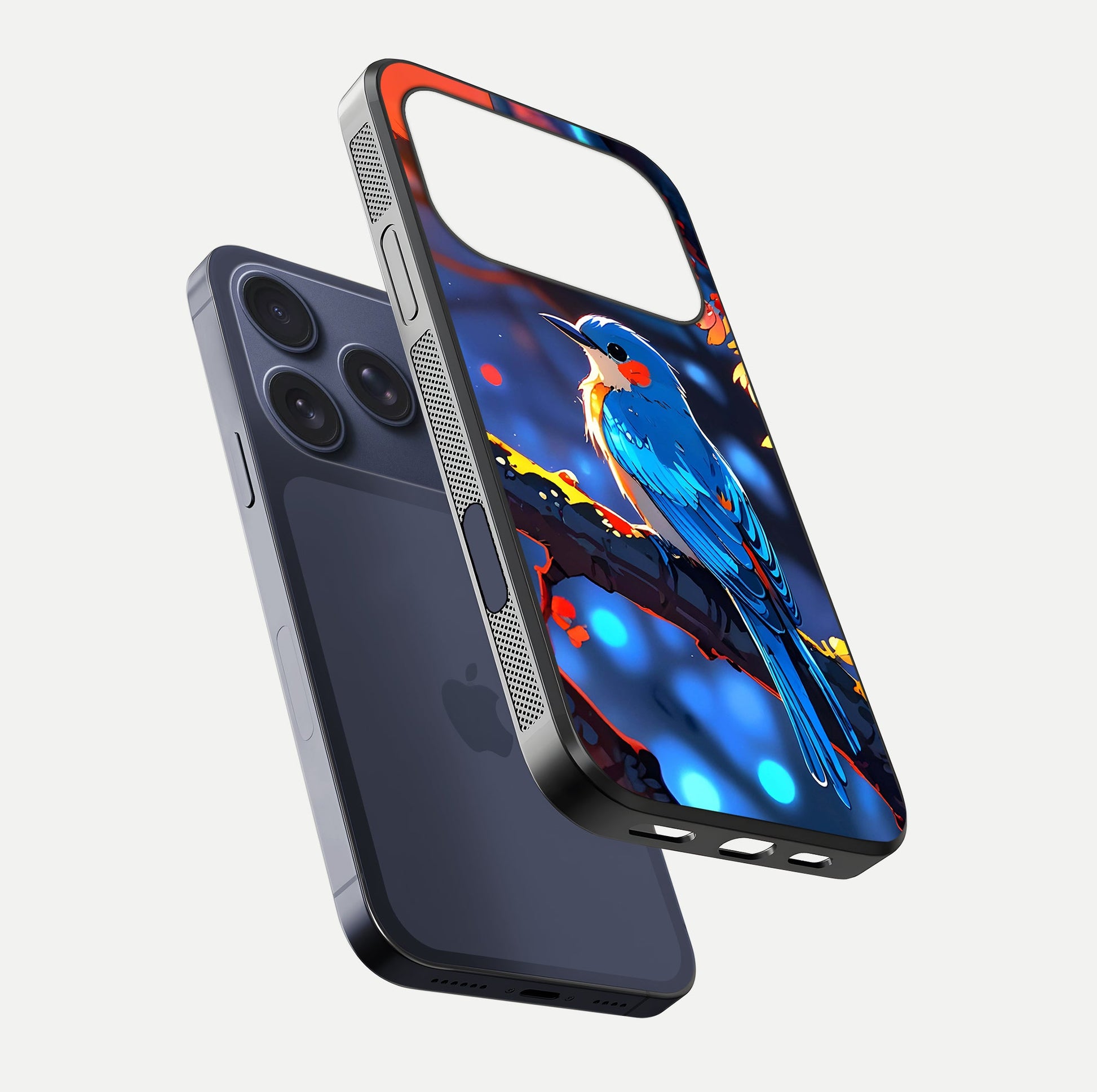 Blooming Spendor Bird Glass Case for iPhone 17 Pro floating dual-mockup capturing gloss tone and curved texture