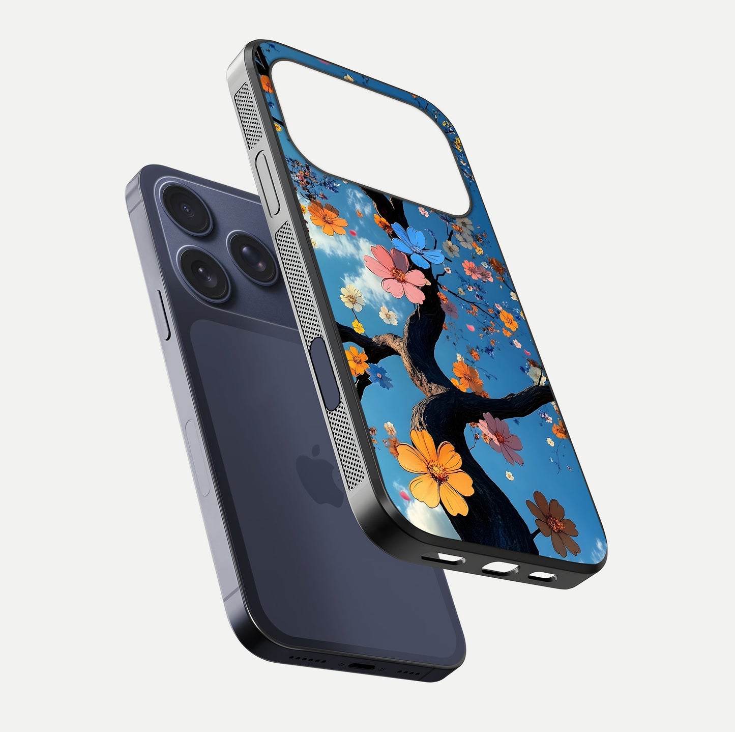 Blossom Dream Sky Glass Case for iPhone 17 Pro floating dual-mockup displaying smooth finish and elegant sky tones