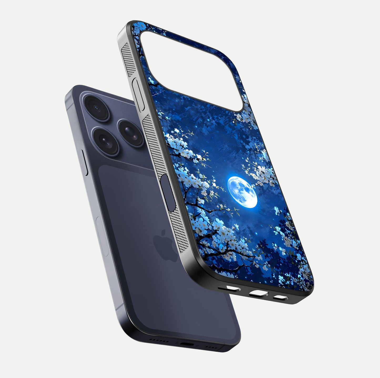Blossom Moonlight Sky Glass Case for iPhone 16 Pro floating mockup showing glowing moon accent and HD gloss texture