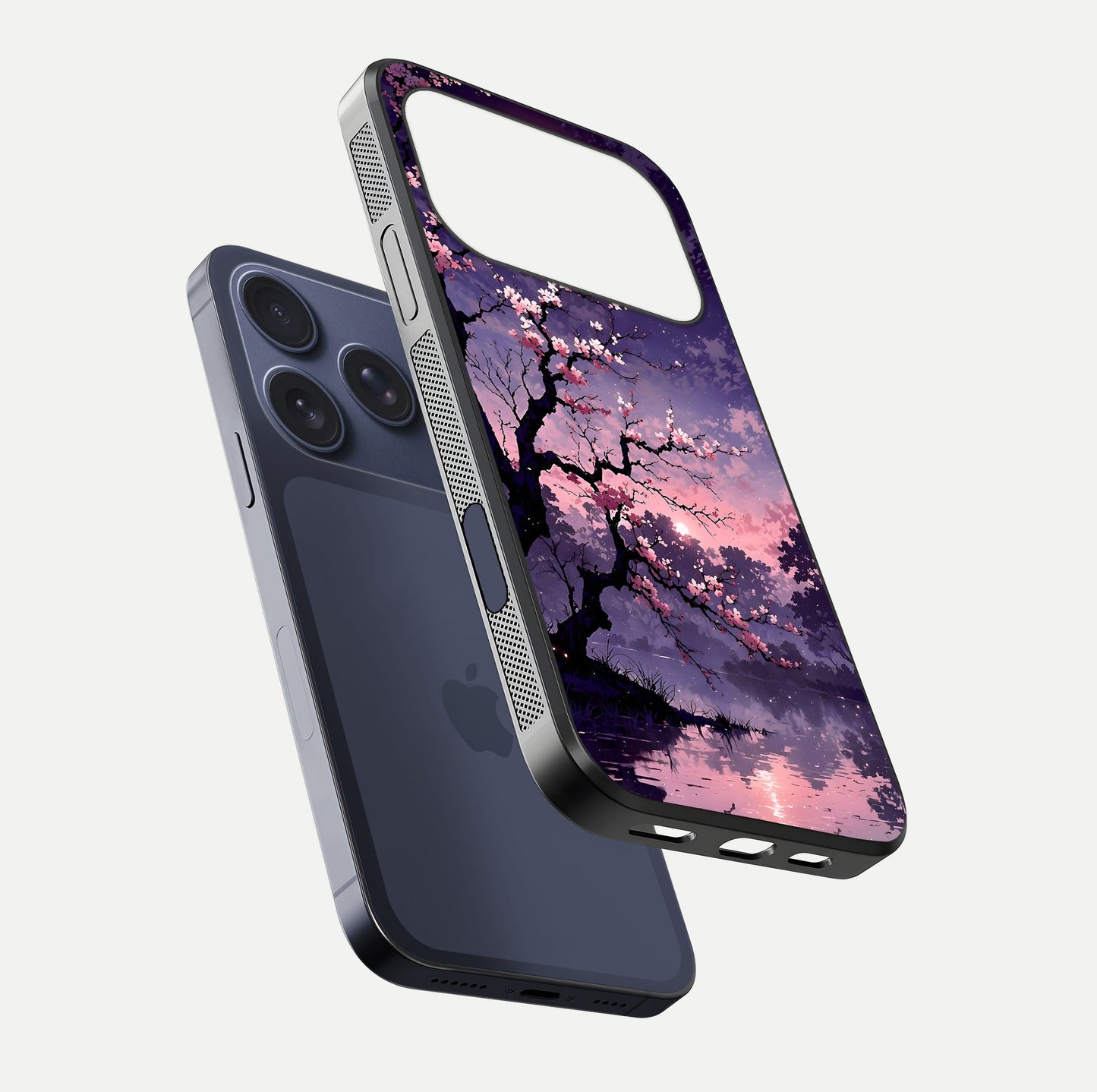 Blossom Pink Moon Glass Case for iPhone 17 Pro floating mockup emphasizing dreamy pink moon aura and smooth finish