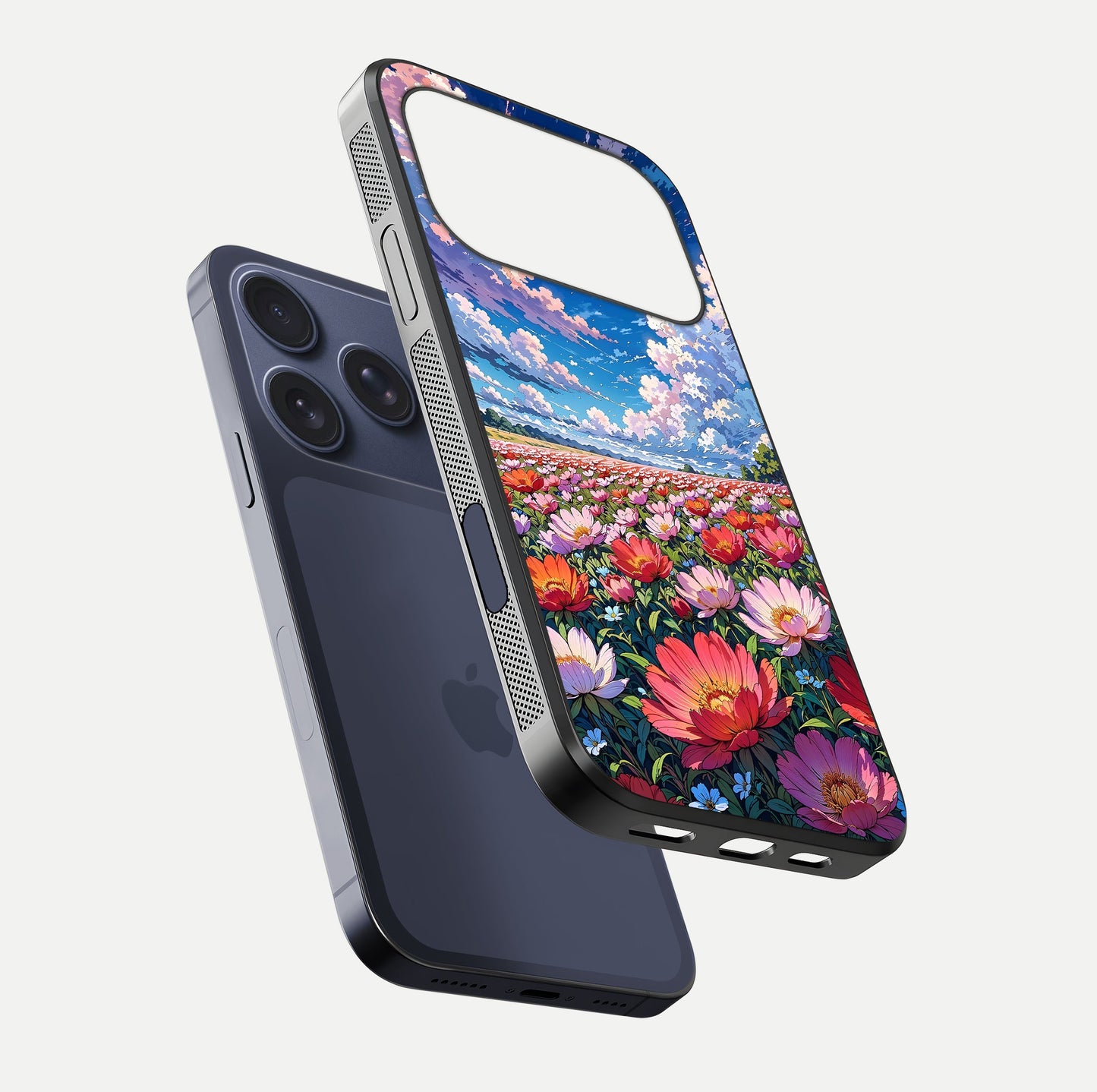 Blossom Sky Field Glass Case for iPhone 16 Pro floating mockup displaying sky bloom concept with smooth finish