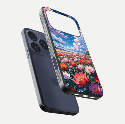 Blossom Sky Field Glass Case for iPhone 16 Pro floating mockup displaying sky bloom concept with smooth finish