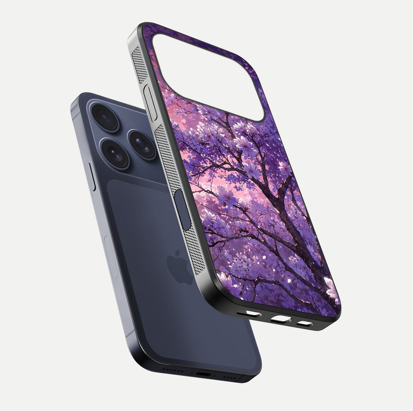 Blossom Tree Glass Case for iPhone 17 Pro floating dual-mockup displaying texture detail and curved edges
