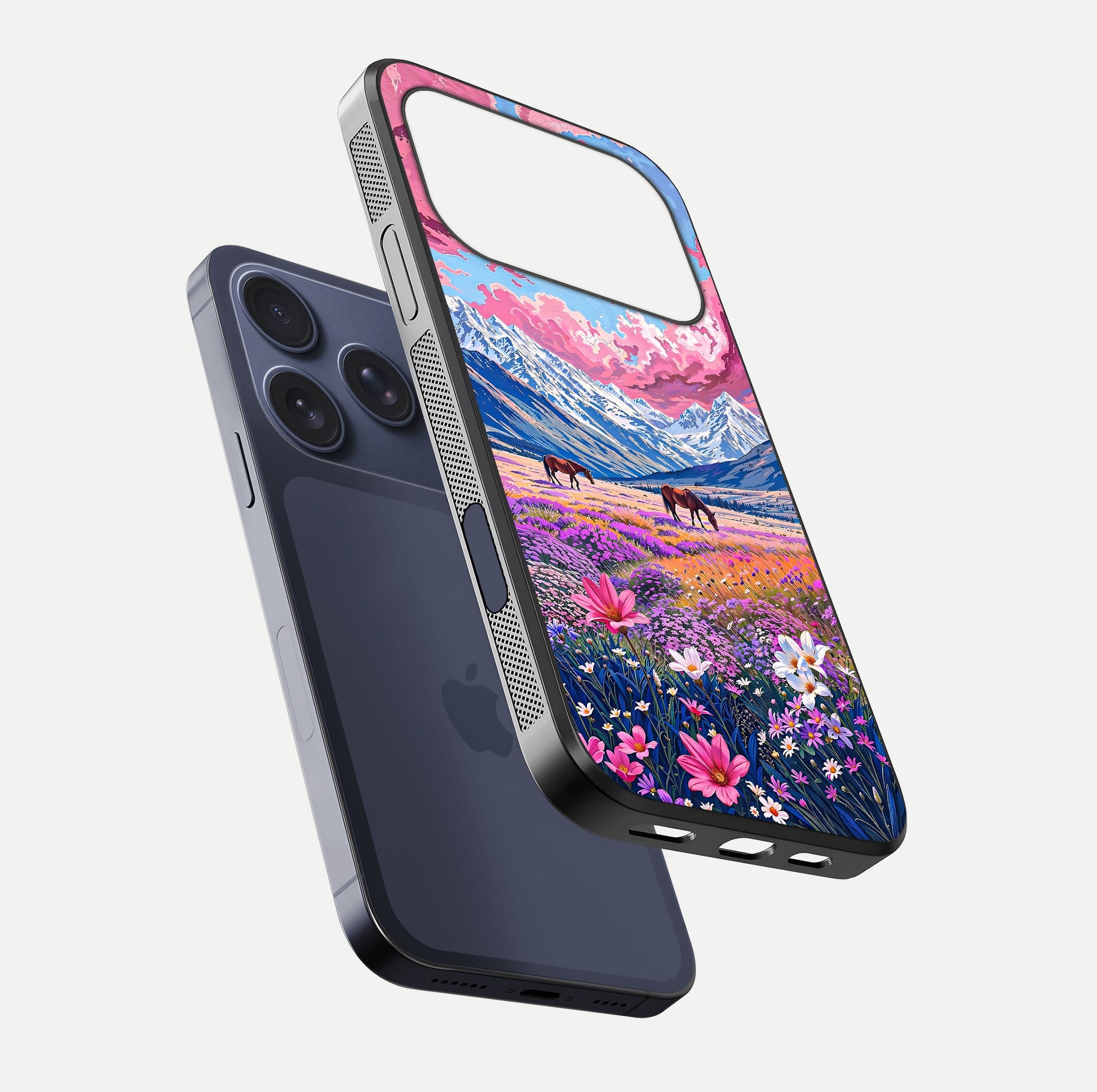 Blossom Valley Dream Glass Case for iPhone 17 Pro floating mockup showing floral valley blend and reflective surface