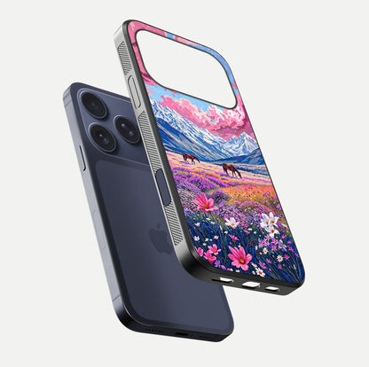 Blossom Valley Dream Glass Case for iPhone 17 Pro floating mockup showing floral valley blend and reflective surface