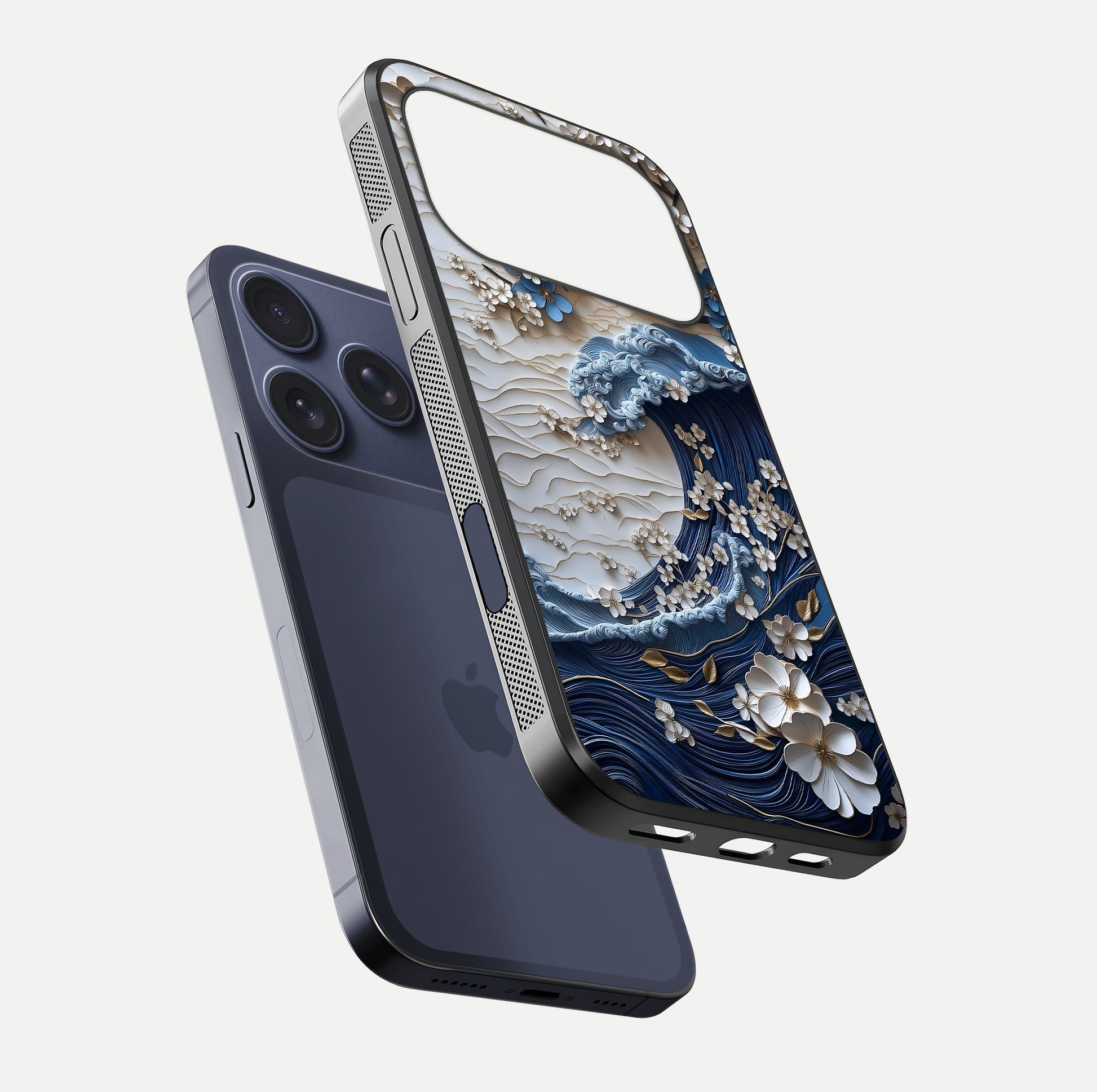 Blossom Wave Art Glass Case for iPhone 17 Pro floating mockup displaying pattern details and reflective shine