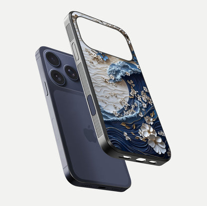 Blossom Wave Art Glass Case for iPhone 17 Pro floating mockup displaying pattern details and reflective shine