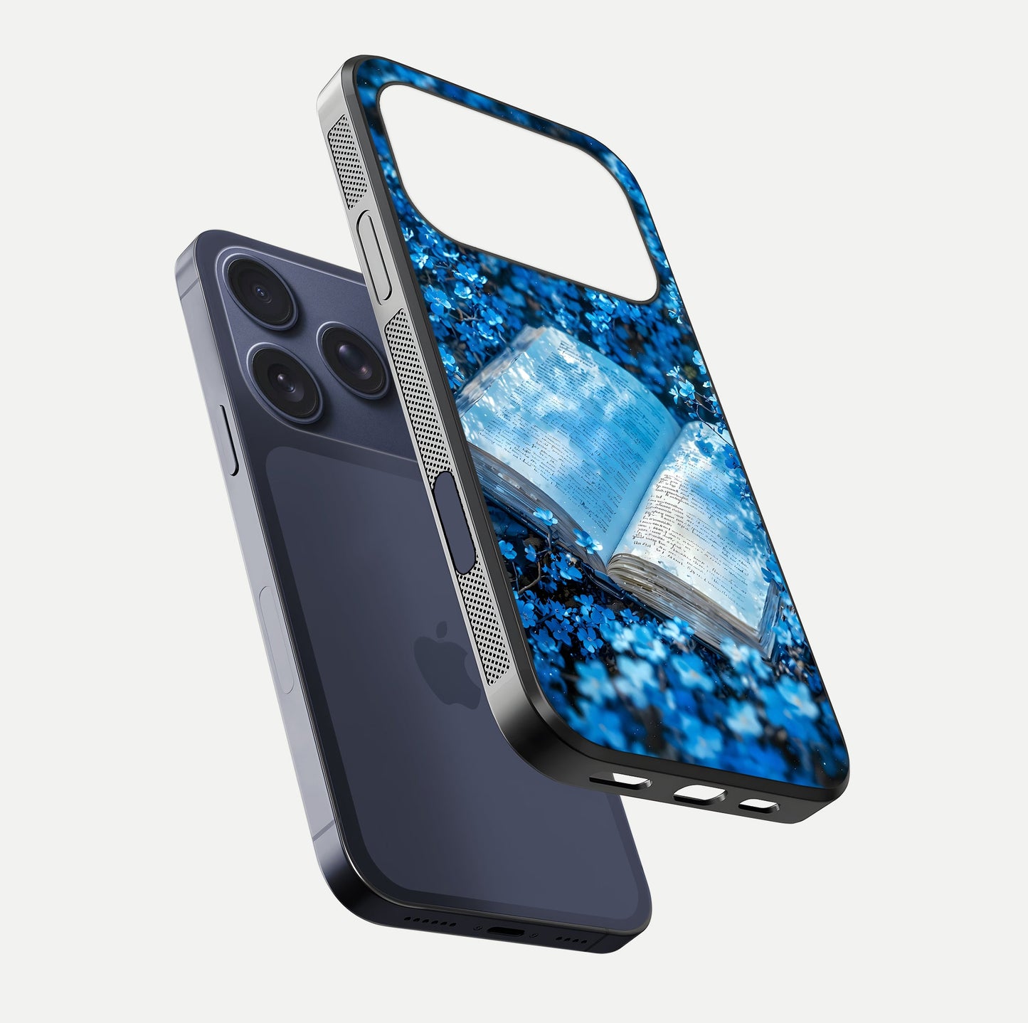 Blue Bloom Tales Glass Case for iPhone 17 Pro floating mockup showing detailed bloom and reflective surface