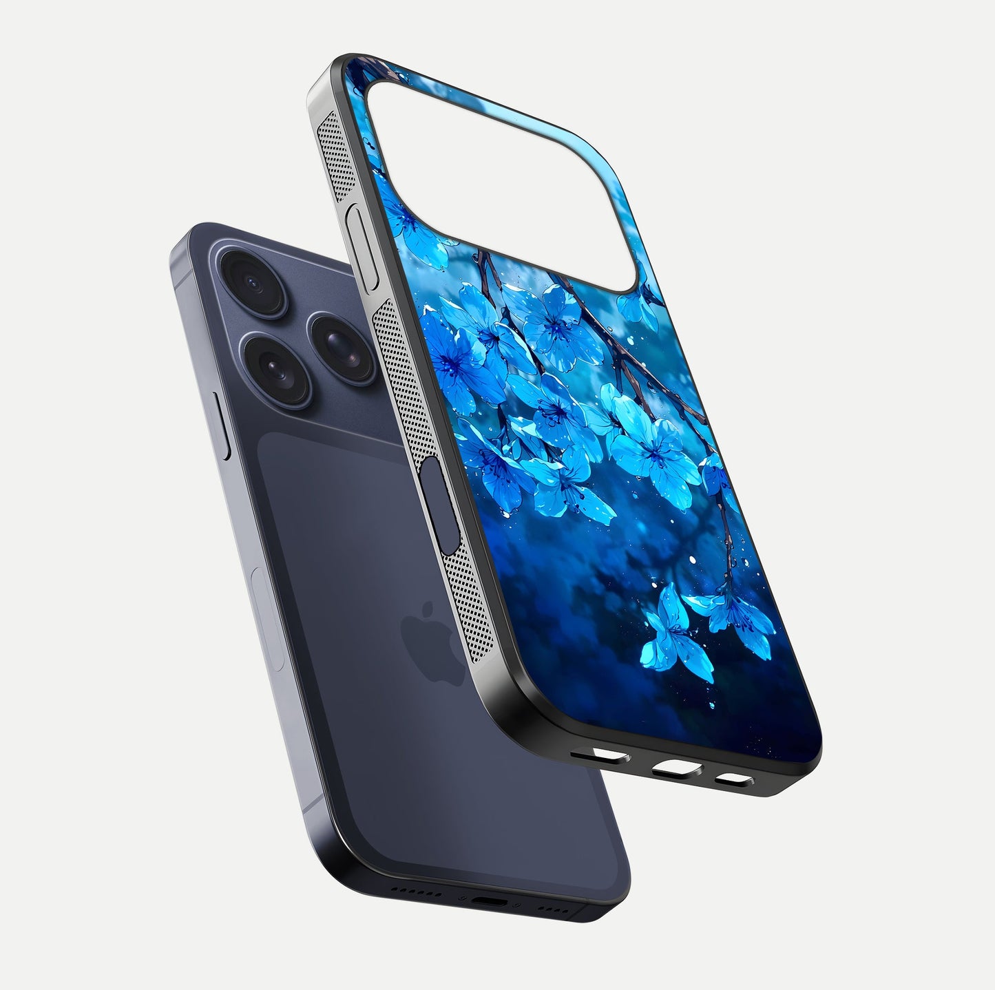 Blue Blossoms Branch Glass Case for iPhone 16 Pro floating mockup showing shine, curved edges, and branch detailing