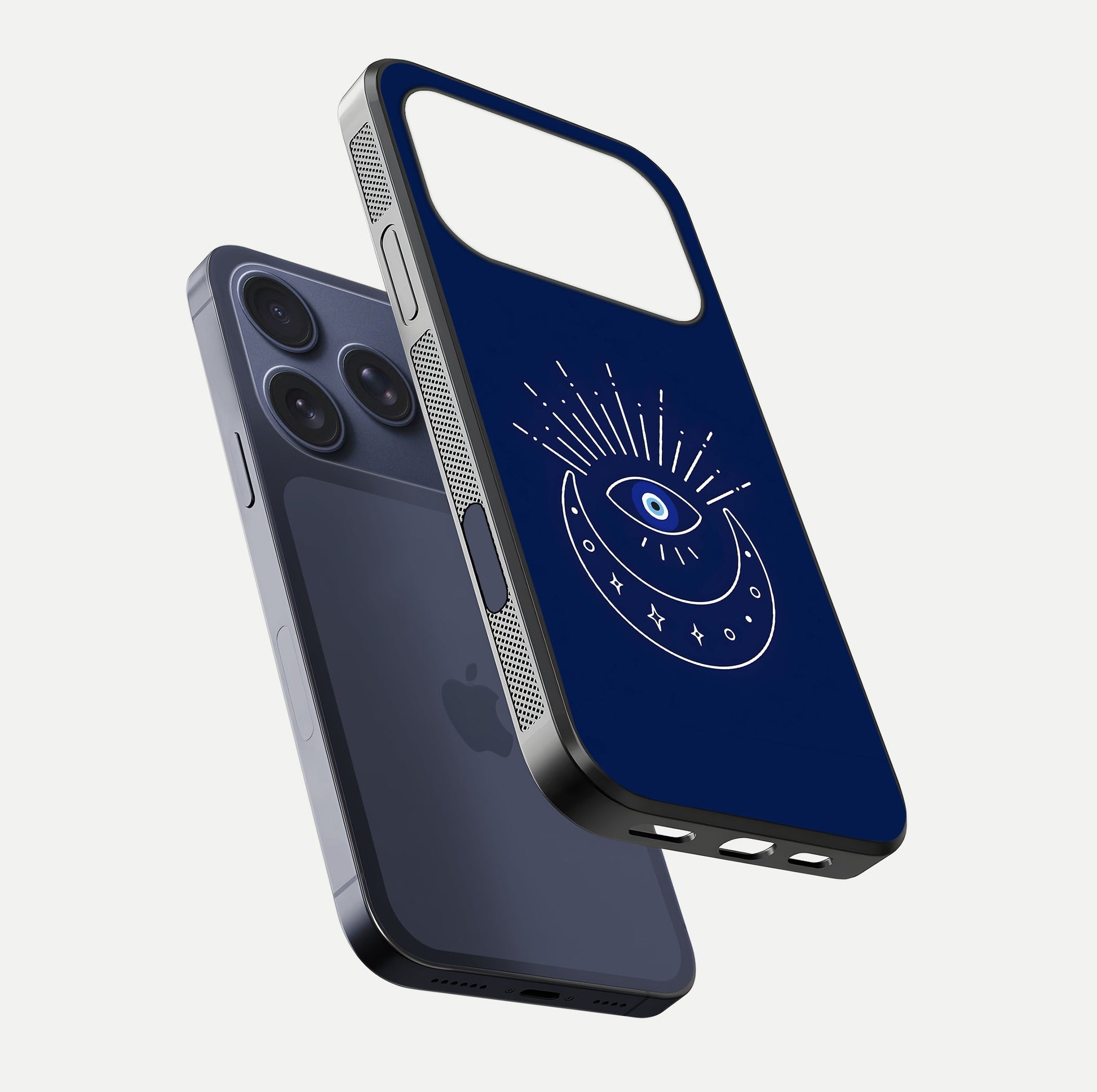 Blue Evil Eye Glass Case for iPhone 17 Pro floating mockup displaying glossy protection and spiritual artwork