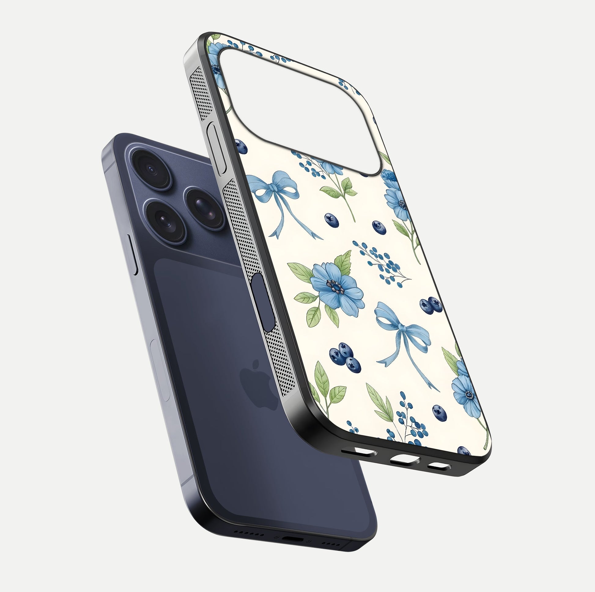 Blue Flower & Bow Glass Case for iPhone 17 Pro floating mockup capturing gloss reflection and girly aesthetic