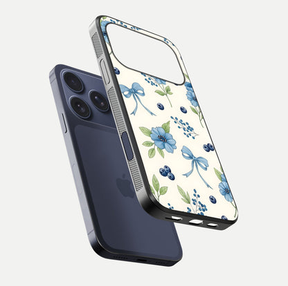 Blue Flower & Bow Glass Case for iPhone 17 Pro floating mockup capturing gloss reflection and girly aesthetic