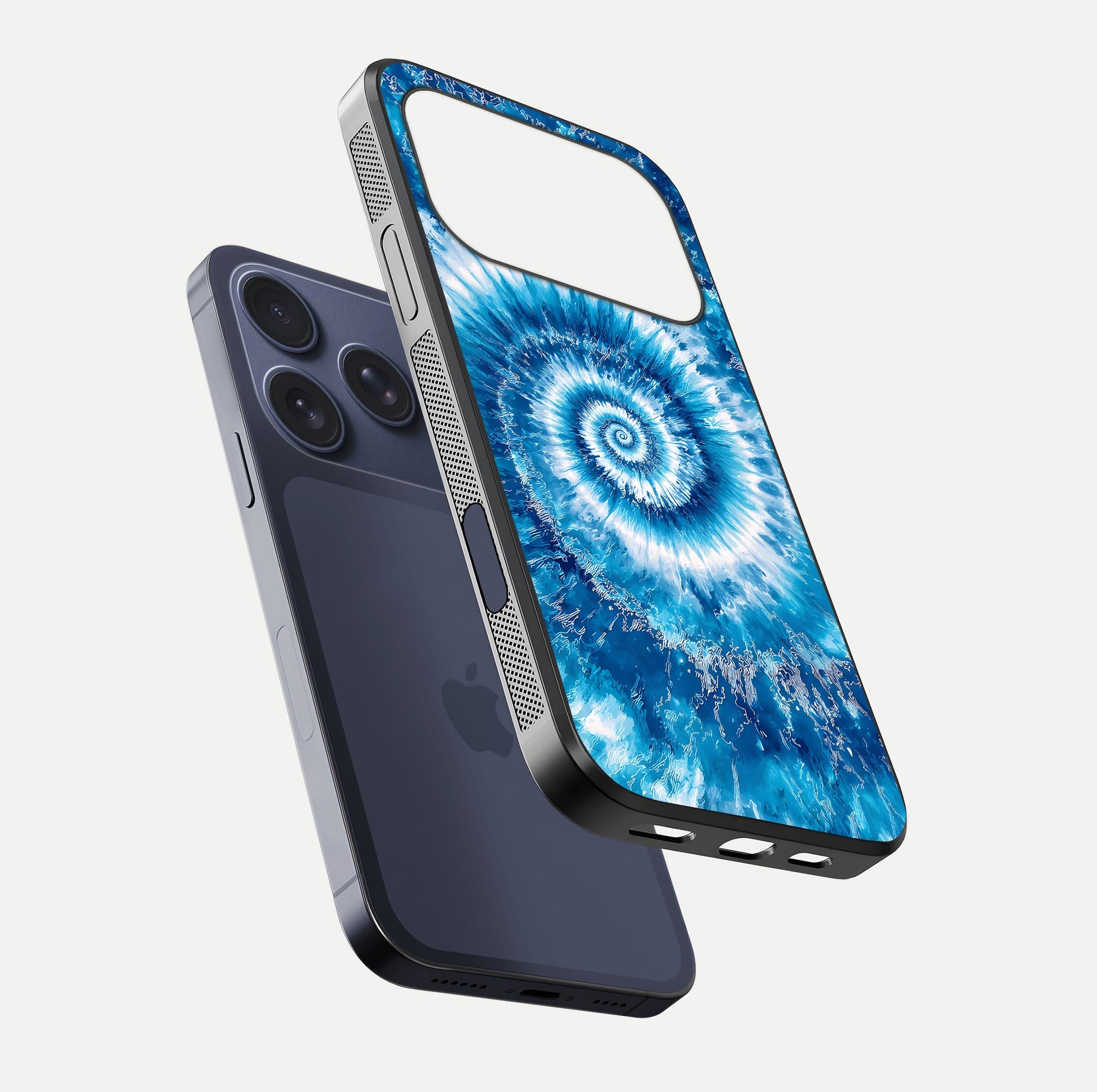 Blue Galaxy Wave Glass Case for iPhone 17 Pro floating mockup revealing cosmic depth and curved-edge texture