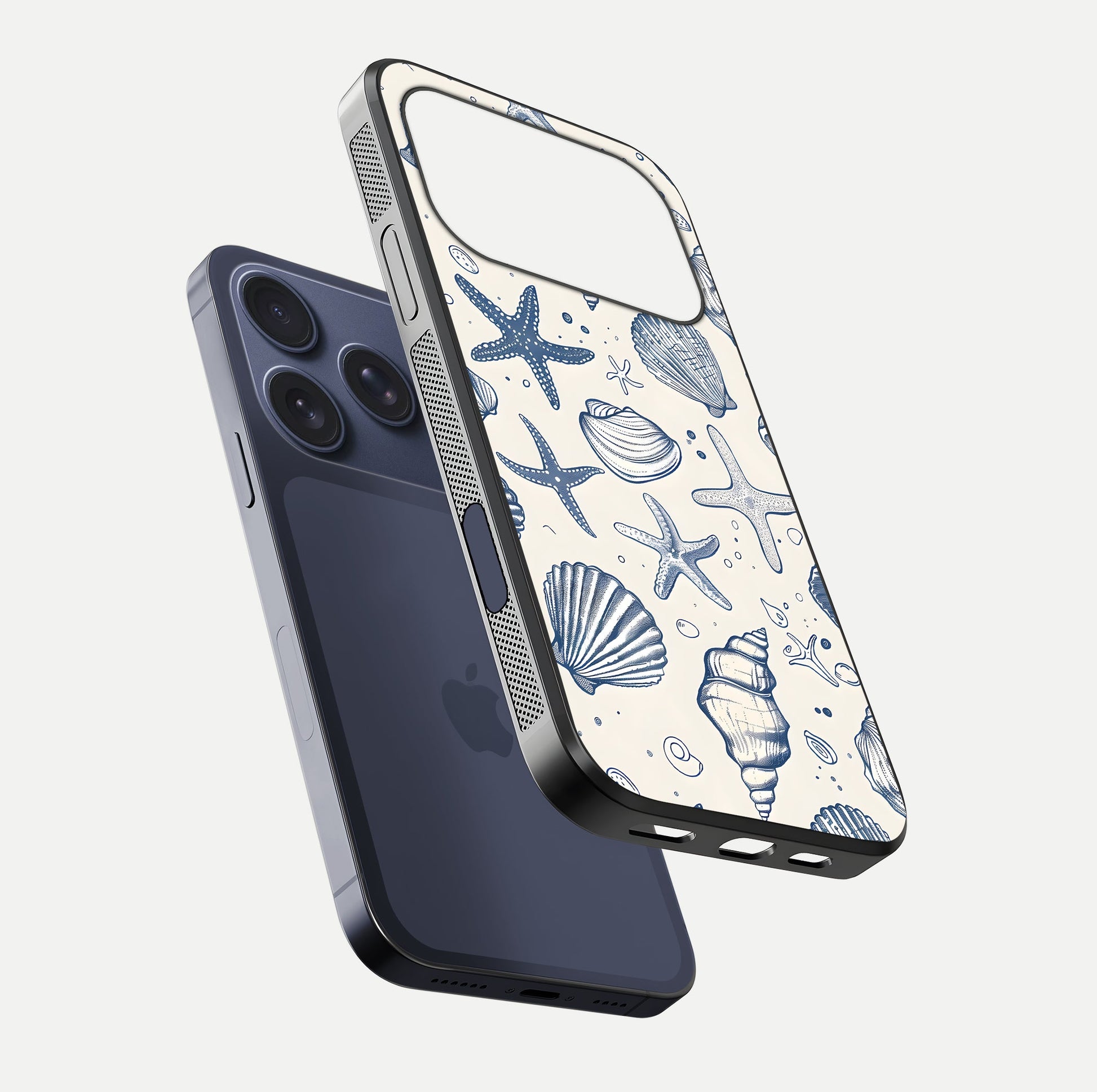 Blue Ocean Outline Glass Case for iPhone 17 Pro floating mockup displaying marine-inspired aesthetic and smooth surface