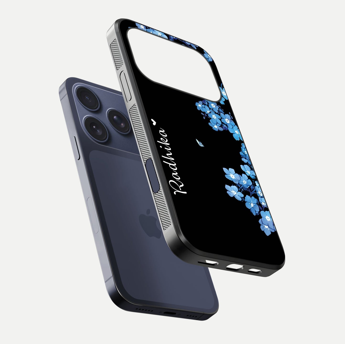 Blue Petal Dream Custom Name Glass Case for iPhone 17 Pro floating mockup capturing floral tones and glass shine
