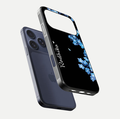 Blue Petal Dream Custom Name Glass Case for iPhone 17 Pro floating mockup capturing floral tones and glass shine