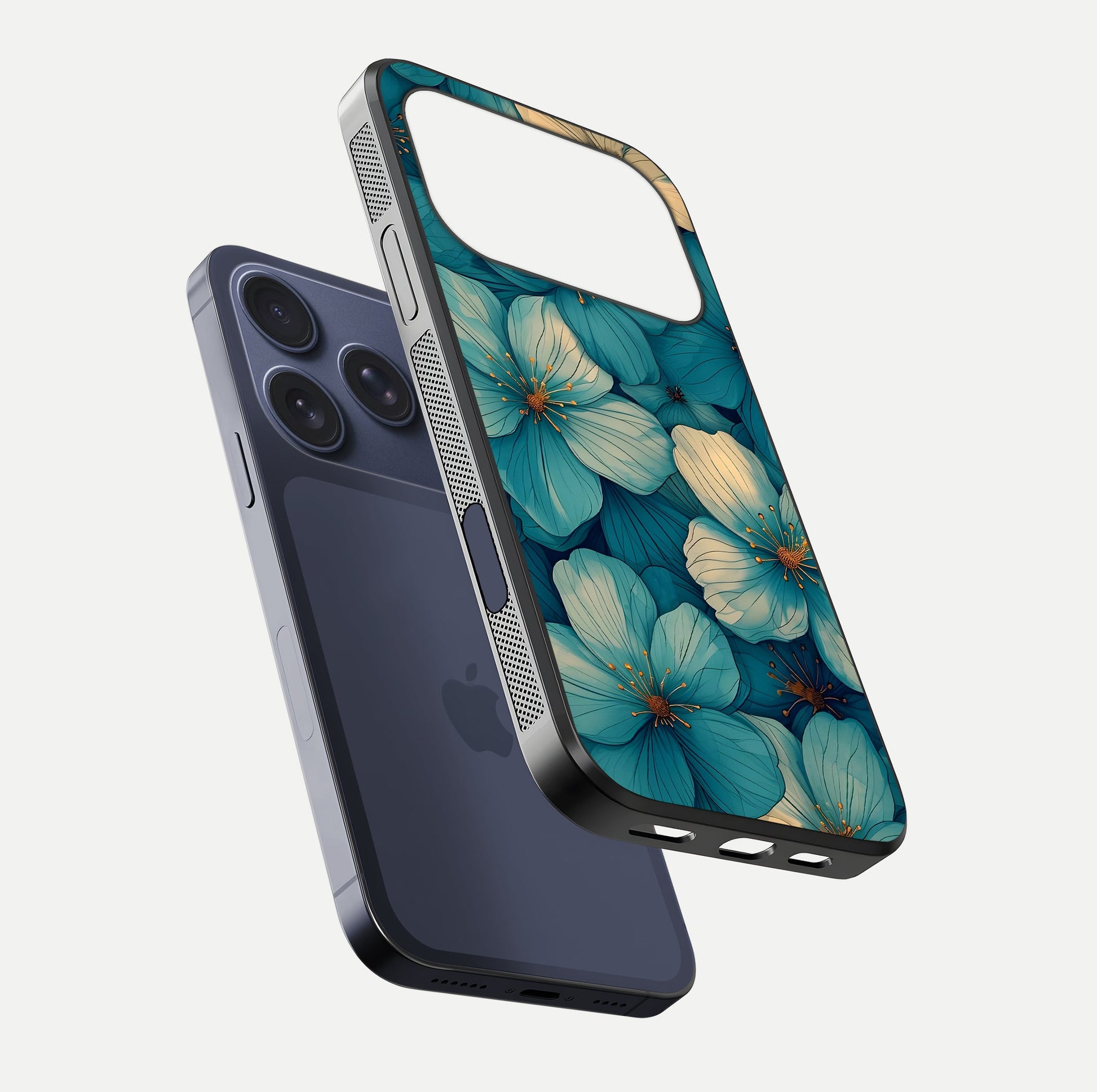 Blue Shade Floral Glass Case for iPhone 17 Pro floating mockup revealing gloss highlight and floral depth