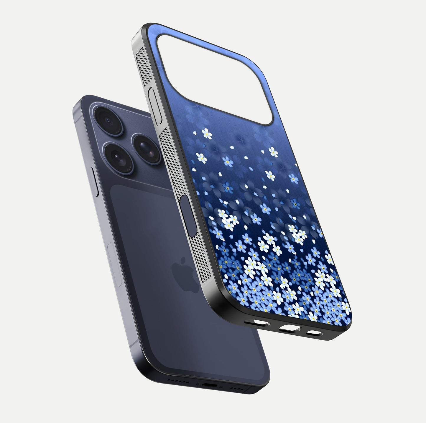 Blue Starry Glass Case for iPhone 16 Pro floating mockup capturing cosmic tone and HD gloss texture