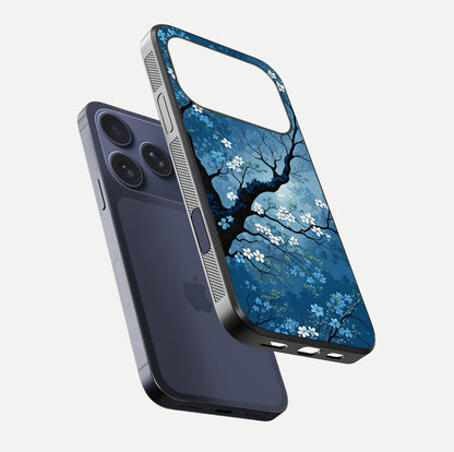 Blue Tree Serenity Glass Case for iPhone 17 Pro floating mockup displaying serene tones and HD glass polish