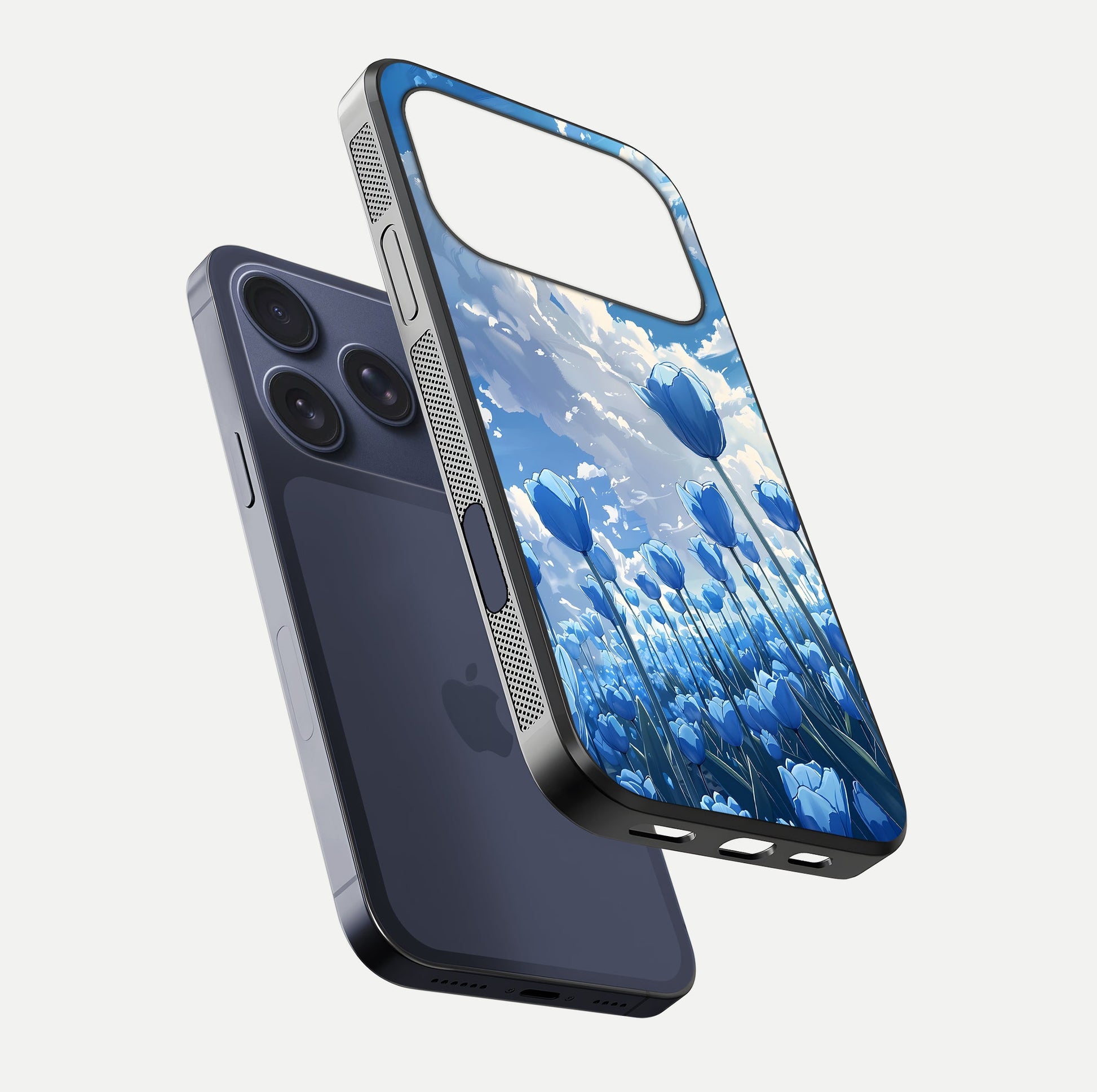Blue Tulip Clouds Glass Case for iPhone 16 Pro floating mockup displaying tulip-cloud fusion art and smooth glass gloss