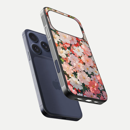 Blush Bloom Field Glass Case for iPhone 16 Pro floating mockup highlighting floral spread and edge reflection