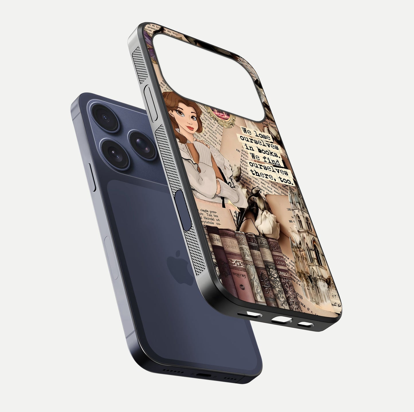 Bookish Dream World Glass Case for iPhone 17 Pro floating mockup capturing gloss shine and artistic balance
