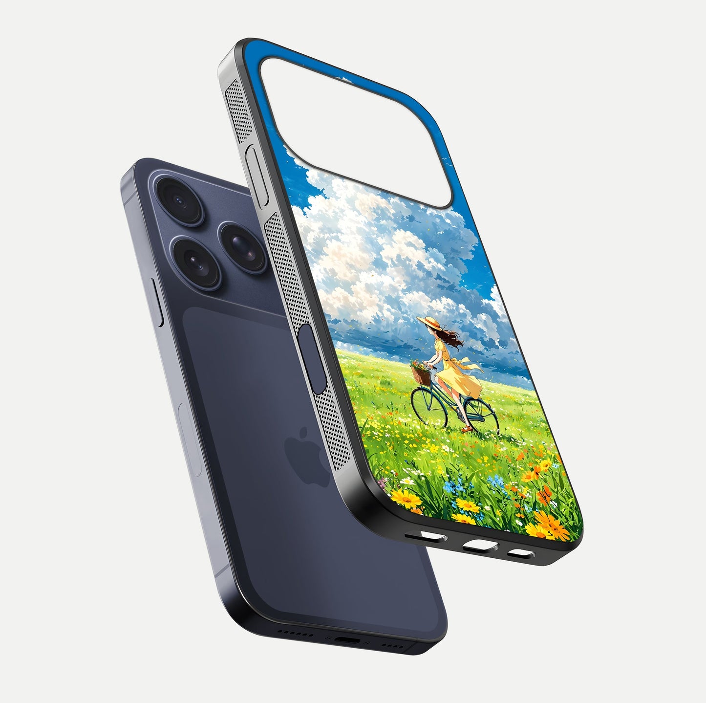 Breezy Meadow Ride Glass Case for iPhone 17 Pro floating mockup capturing serene tones and smooth finish