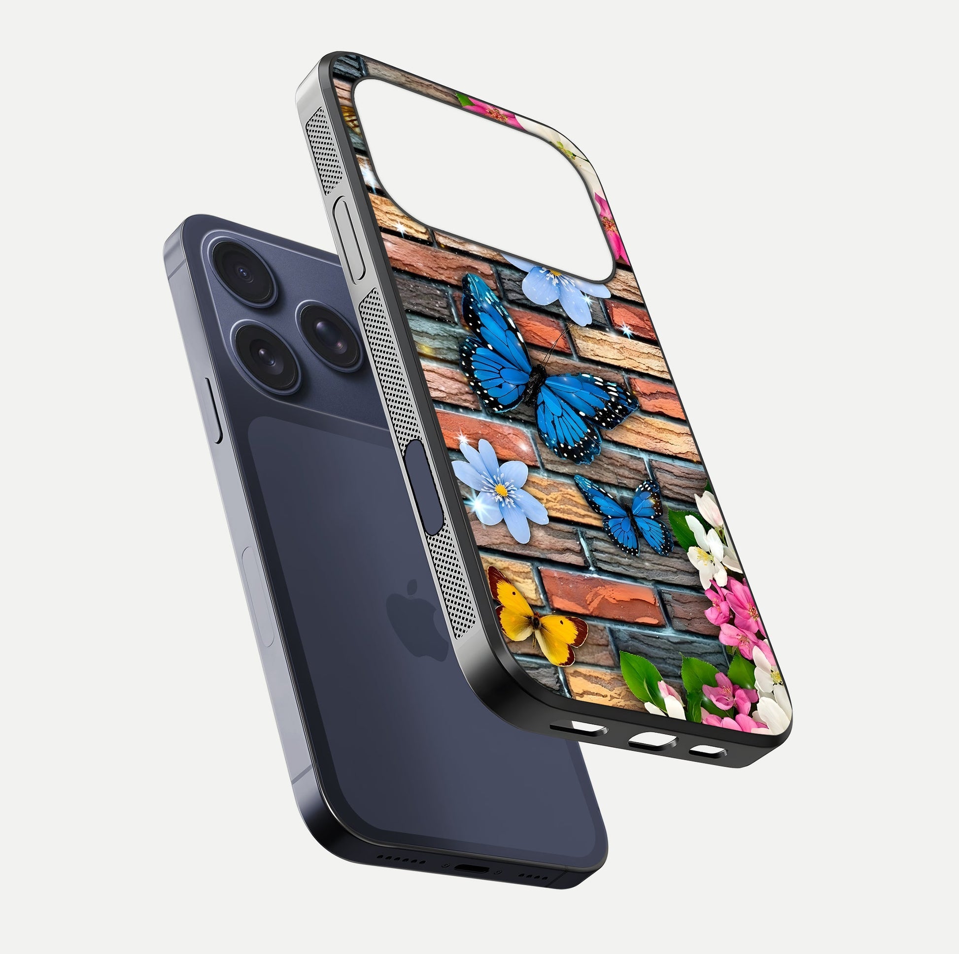 Brick Bloom Flight Glass Case for iPhone 17 Pro floating mockup displaying gloss reflection and pattern vibrancy