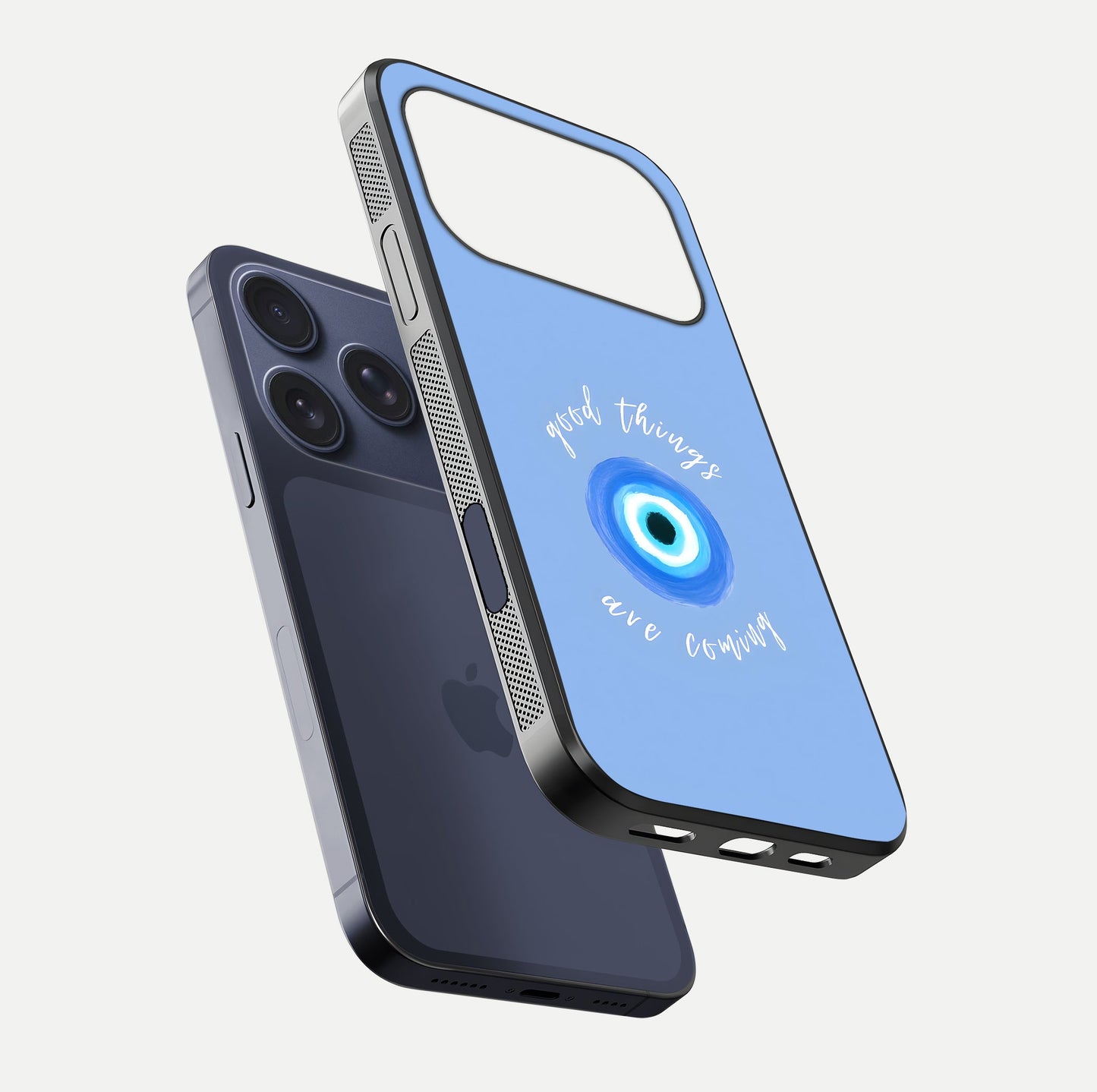 Bright Future Ahead Glass Case for iPhone 17 Pro floating mockup showing sleek design and positive quote print