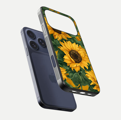Bright Sunflower Bloom Glass Case for iPhone 17 Pro floating mockup capturing vibrant tones and gloss surface