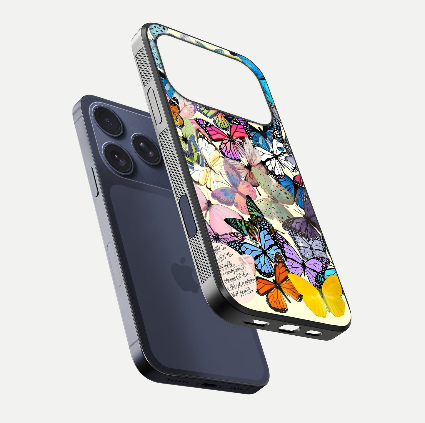 Butterflies Petal Dream Glass Case for iPhone 17 Pro floating mockup displaying detailed print and premium glass glow