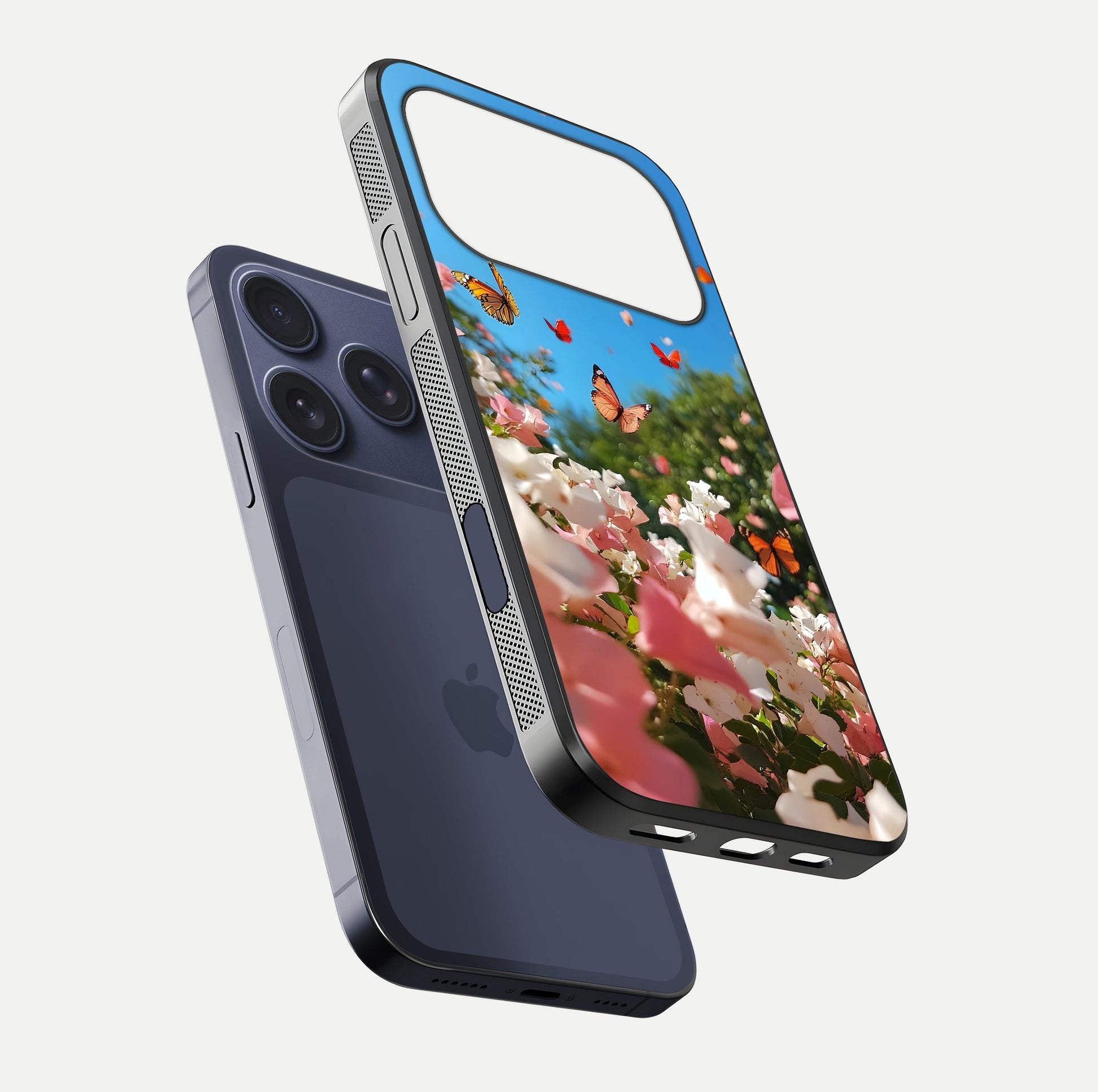 Butterflies in Bloom Sky Glass Case for iPhone 17 Pro floating mockup capturing butterfly motion and edge design