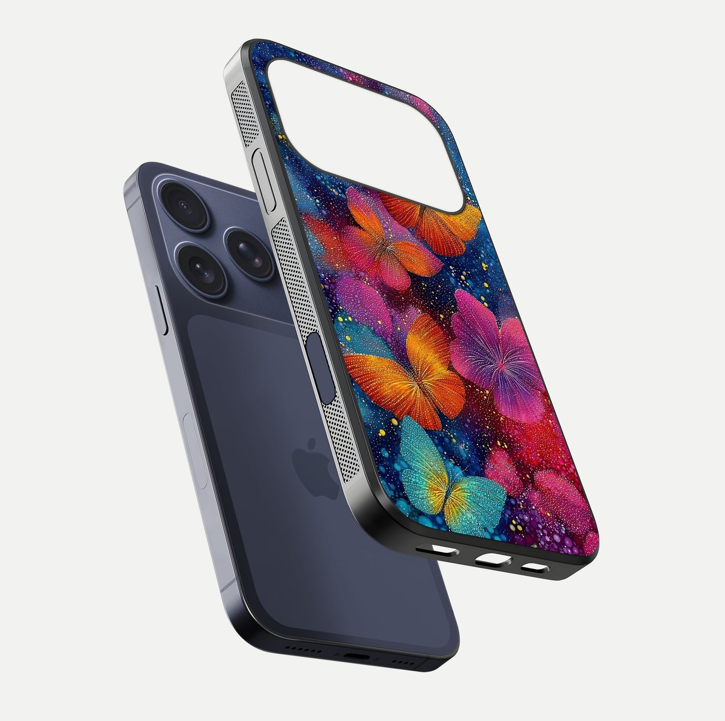 Butterfly Dream Mist Glass Case for iPhone 17 Pro floating mockup displaying glass shine and ethereal art depth