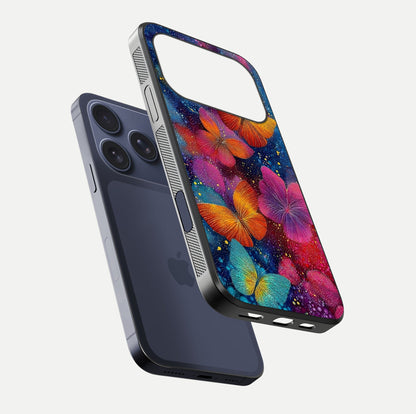 Butterfly Dream Mist Glass Case for iPhone 17 Pro floating mockup displaying glass shine and ethereal art depth