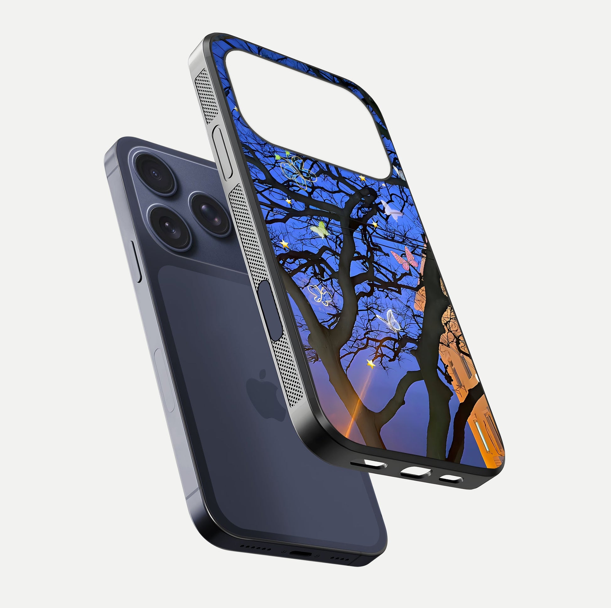 Butterfly Night Magic Glass Case for iPhone 17 Pro floating mockup showing night glow and smooth polish