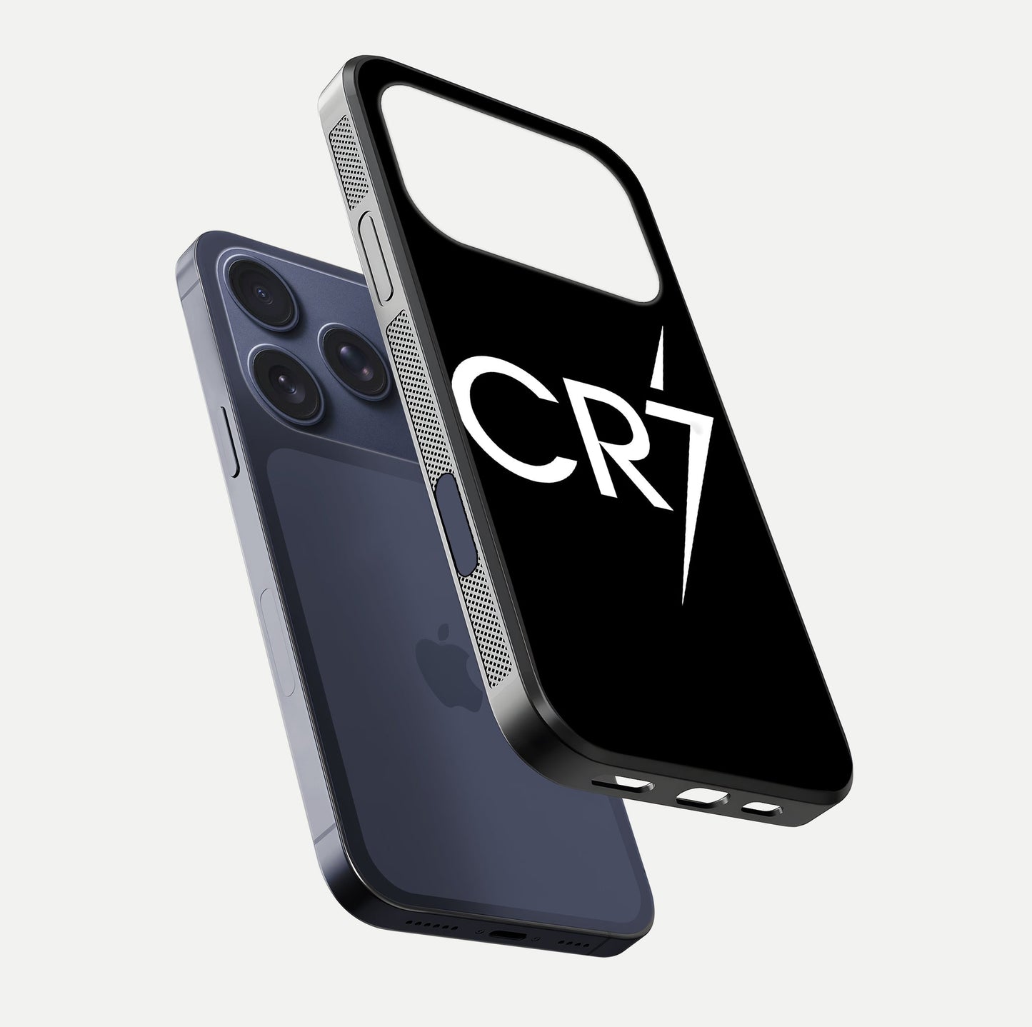 CR7 Elite Strike Glass Case for iPhone 17 Pro floating mockup displaying HD gloss and sporty texture