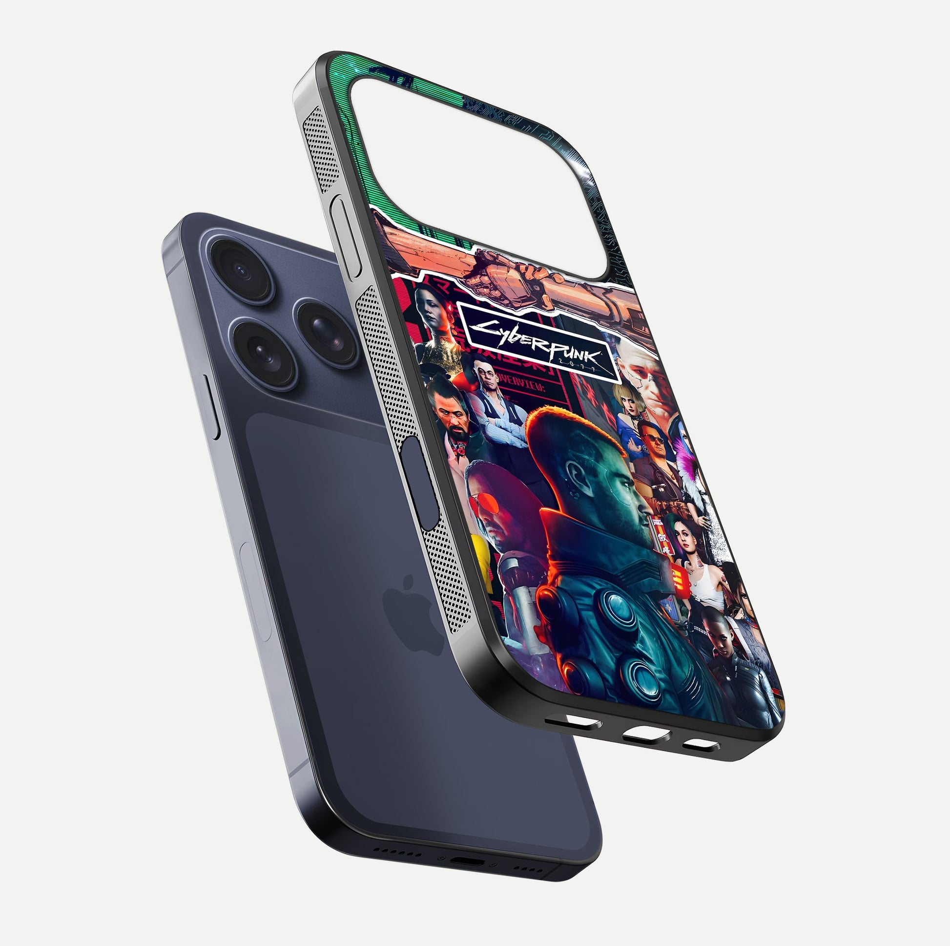 CYBERPUNK Legacy Glass Case for iPhone 17 Pro floating mockup showing HD gloss and neon glow detail