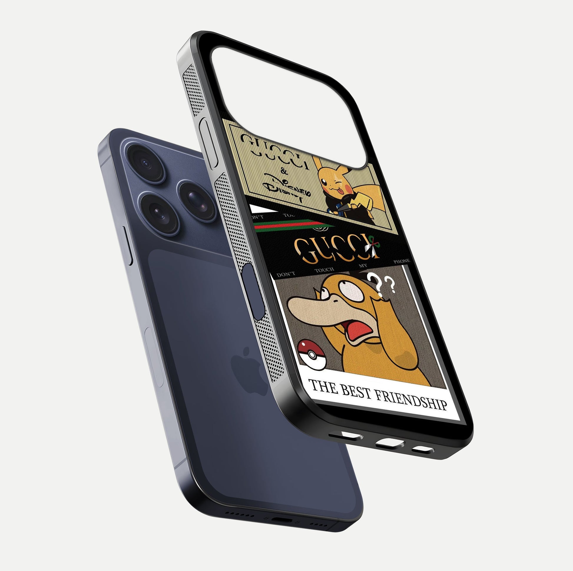 Cartoon Brand Play Mashup Glass Case for iPhone 17 Pro floating dual-view mockup showing gloss surface and vivid reflection