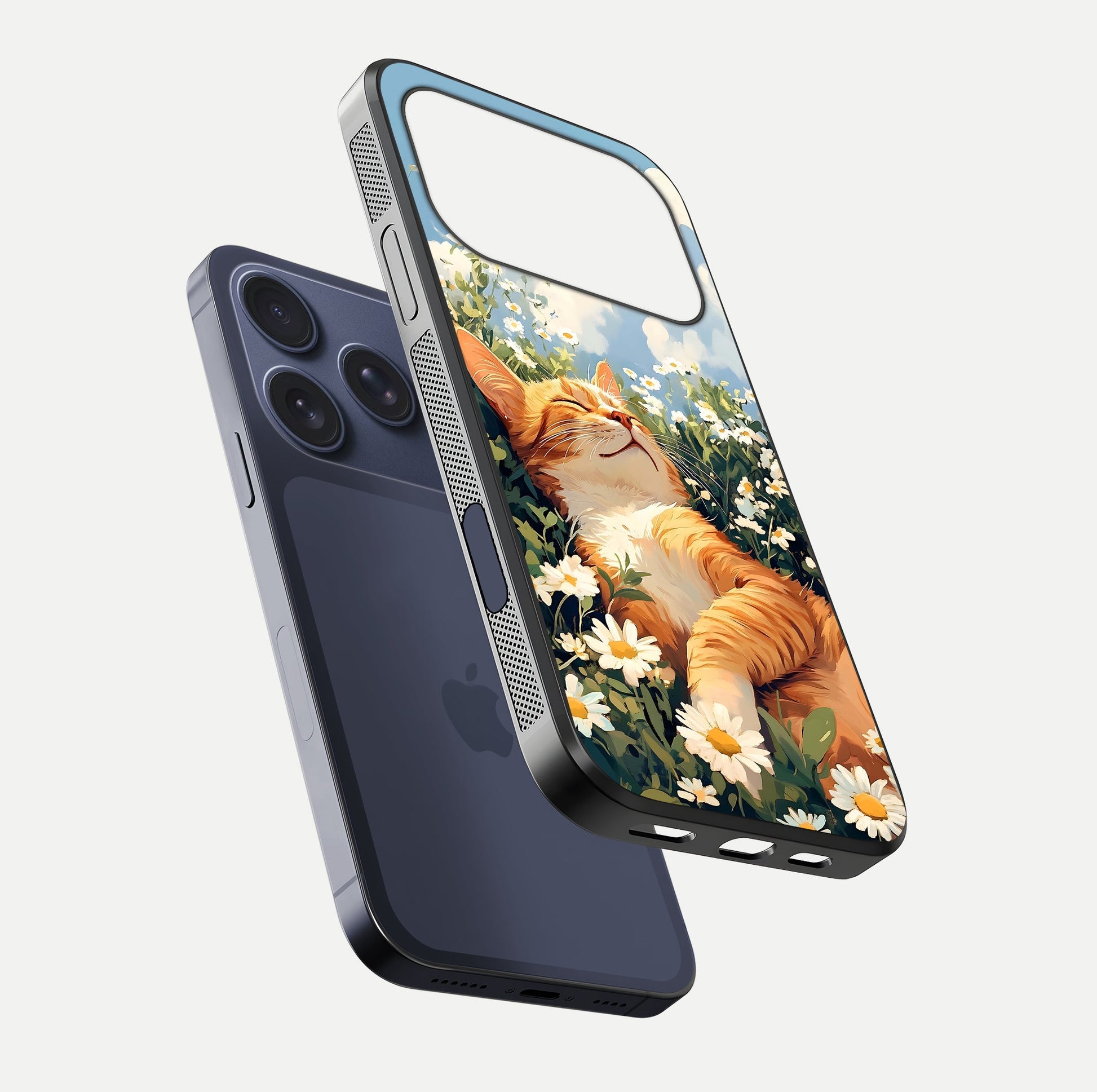 Cat & Flowers View Glass Case for iPhone 17 Pro floating mockup showing design reflection and protective edges