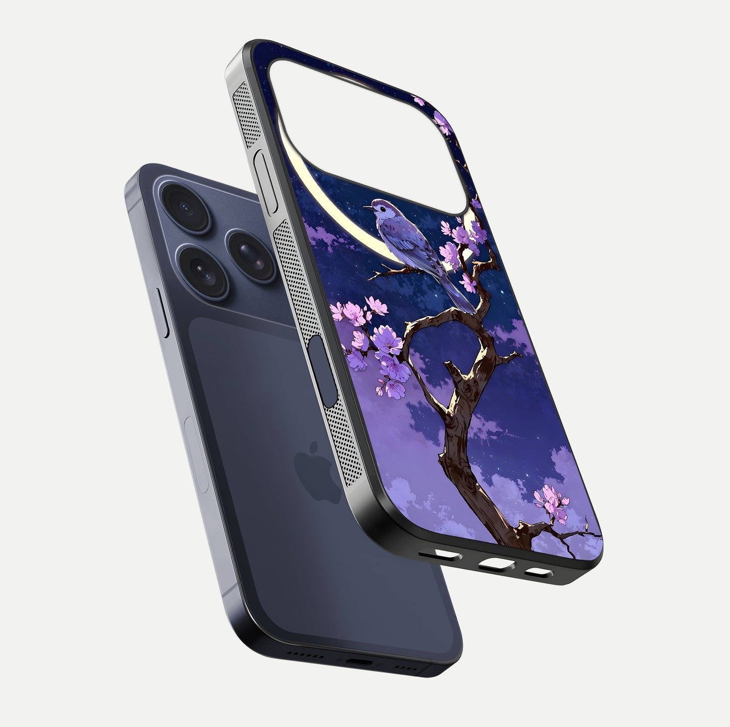 Celestial Bird Blossom Glass Case for iPhone 17 Pro floating mockup showing cosmic floral tones and HD gloss