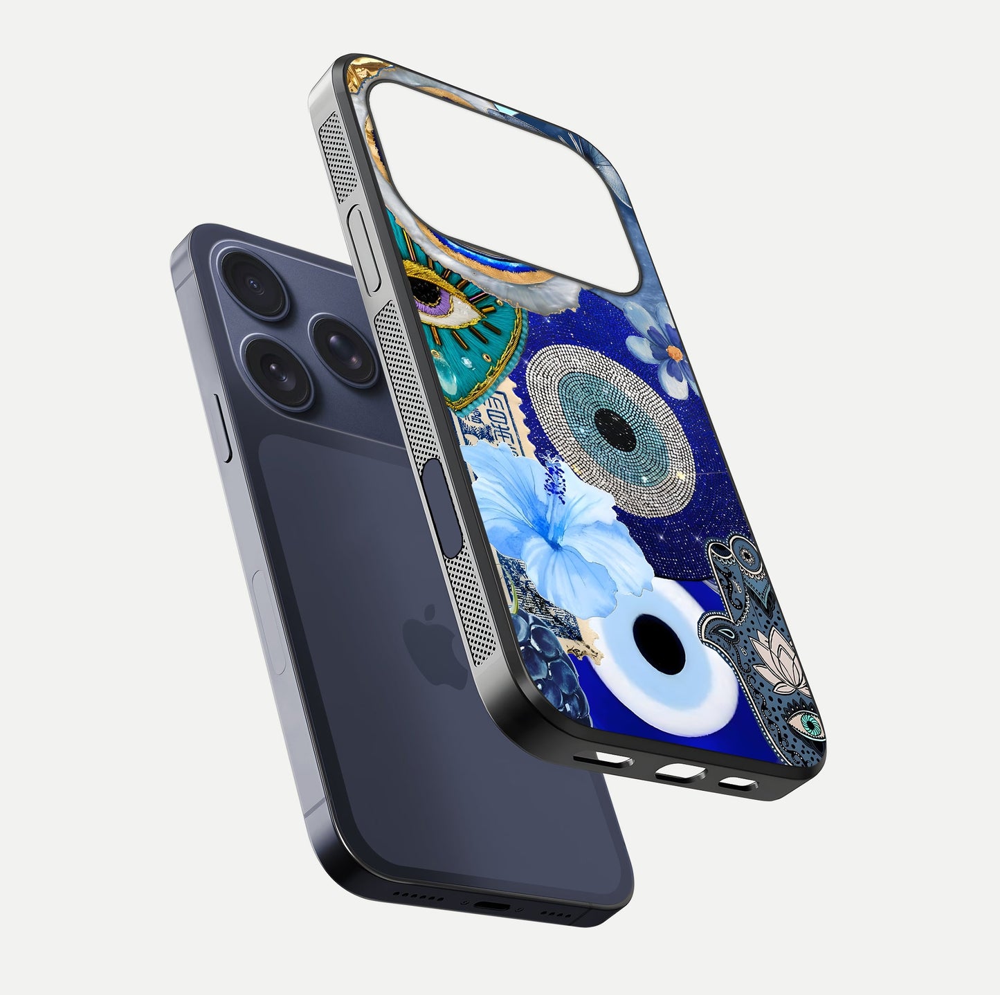 Celestial Blue Vision Glass Case for iPhone 17 Pro floating mockup showing gloss depth and night-sky pattern