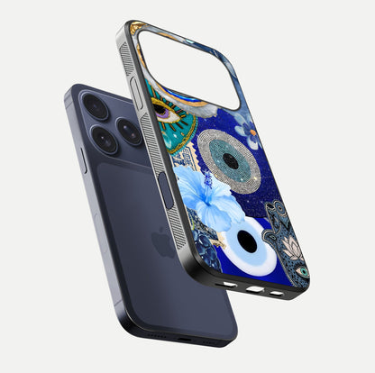Celestial Blue Vision Glass Case for iPhone 17 Pro floating mockup showing gloss depth and night-sky pattern