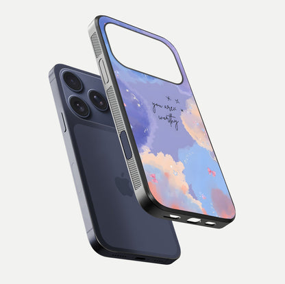 Celestial Cloud Magic Glass Case for iPhone 17 Pro floating mockup displaying cloud aura and HD finish