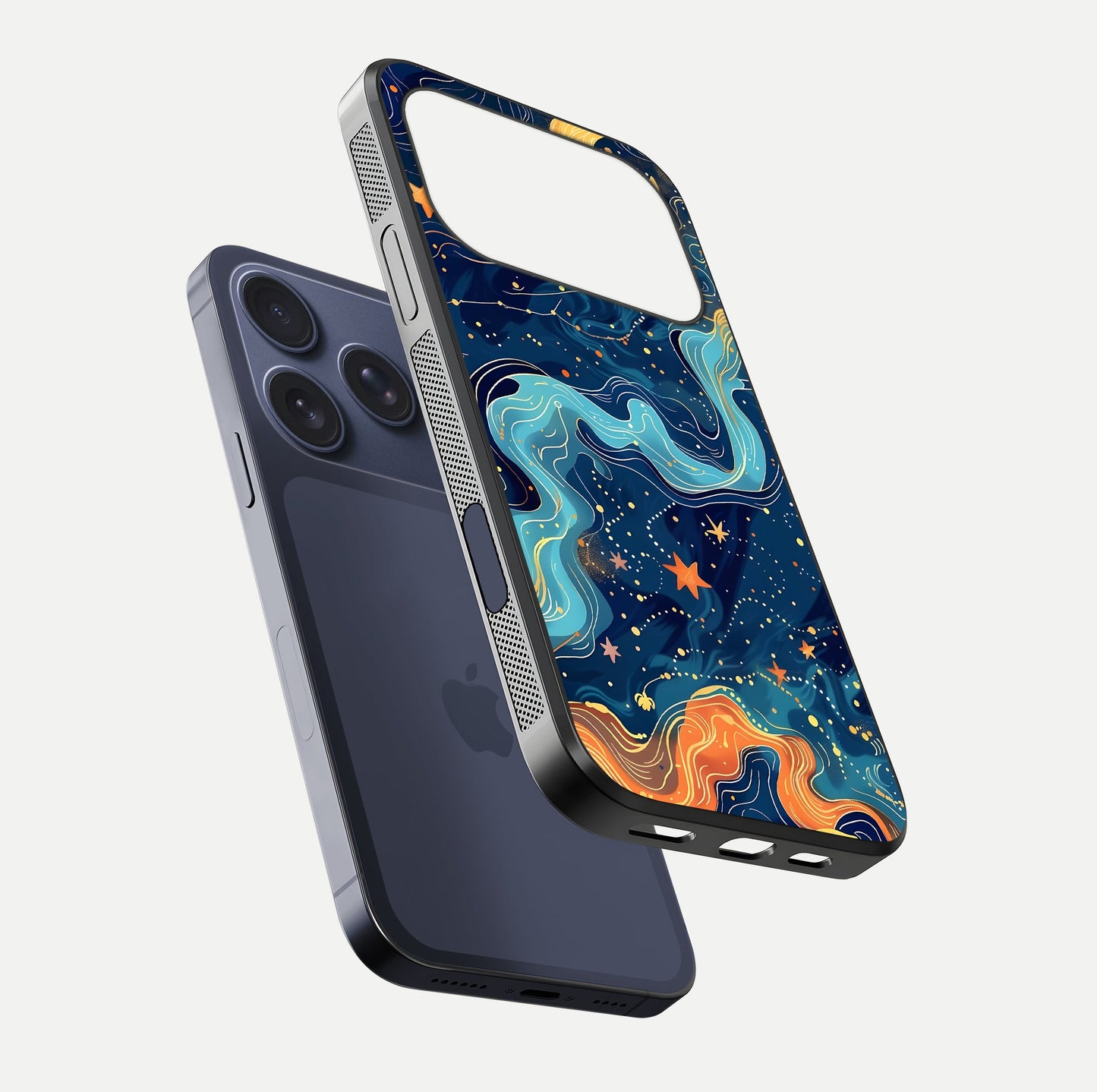 Celestial Dream Flow Glass Case for iPhone 17 Pro floating mockup displaying gloss shimmer and artistic composition