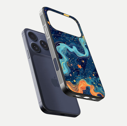 Celestial Dream Flow Glass Case for iPhone 17 Pro floating mockup displaying gloss shimmer and artistic composition