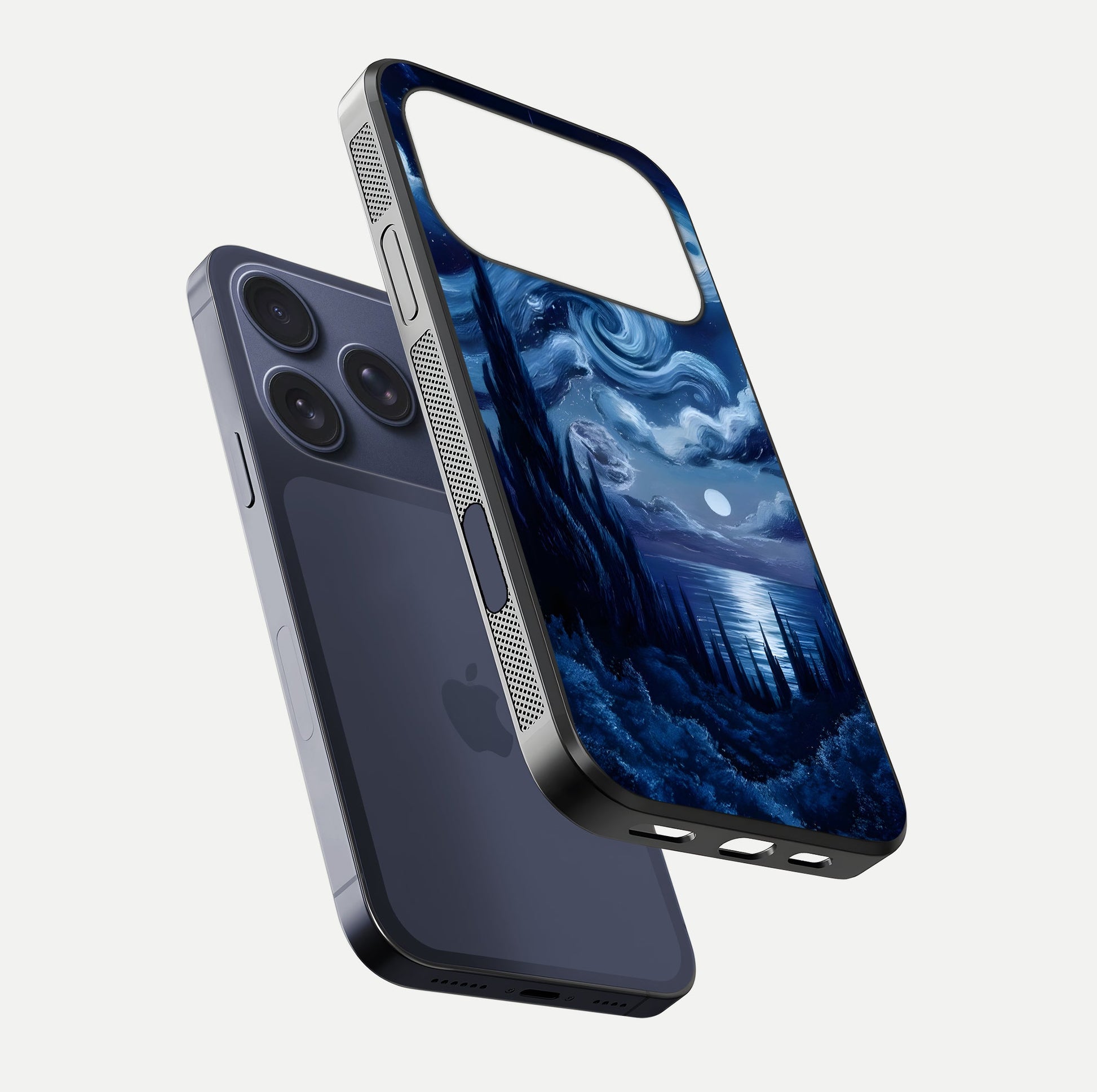 Celestial Dream Van Gogh Glass Case for iPhone 17 Pro floating mockup highlighting cosmic tones and smooth gloss