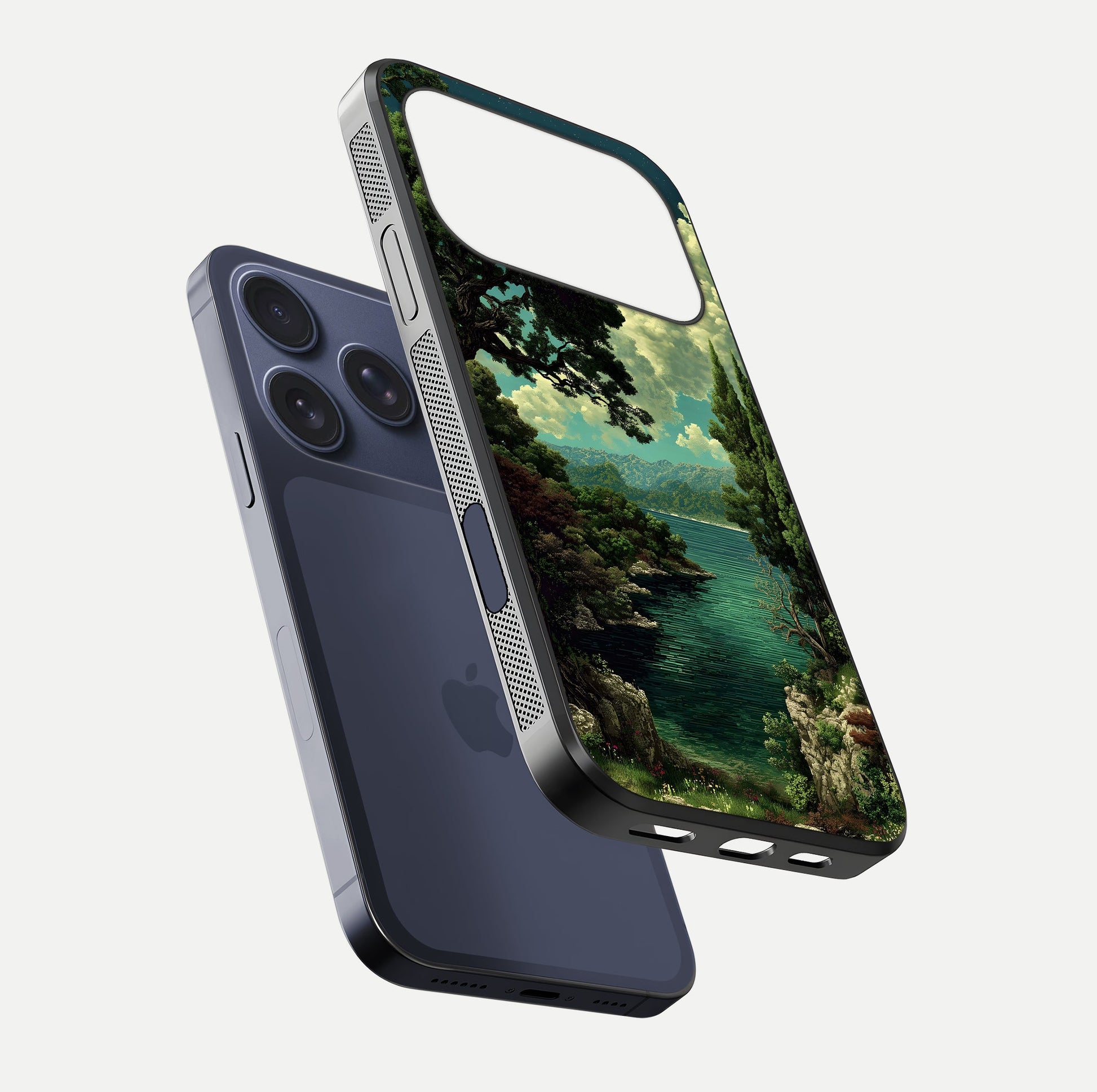 Celestial Lake Peace Glass Case for iPhone 17 Pro floating mockup capturing calm tones and smooth polish