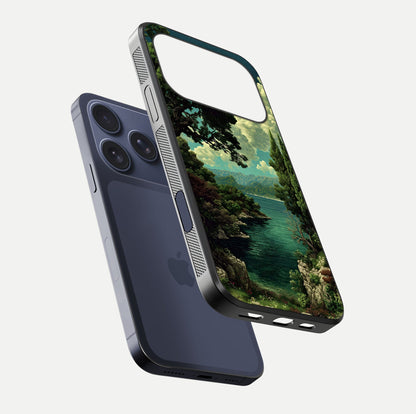 Celestial Lake Peace Glass Case for iPhone 17 Pro floating mockup capturing calm tones and smooth polish